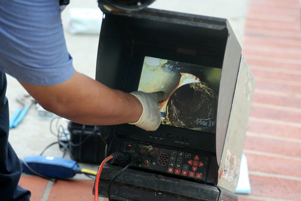 Technician viewing a drain inspection camera in Windsor